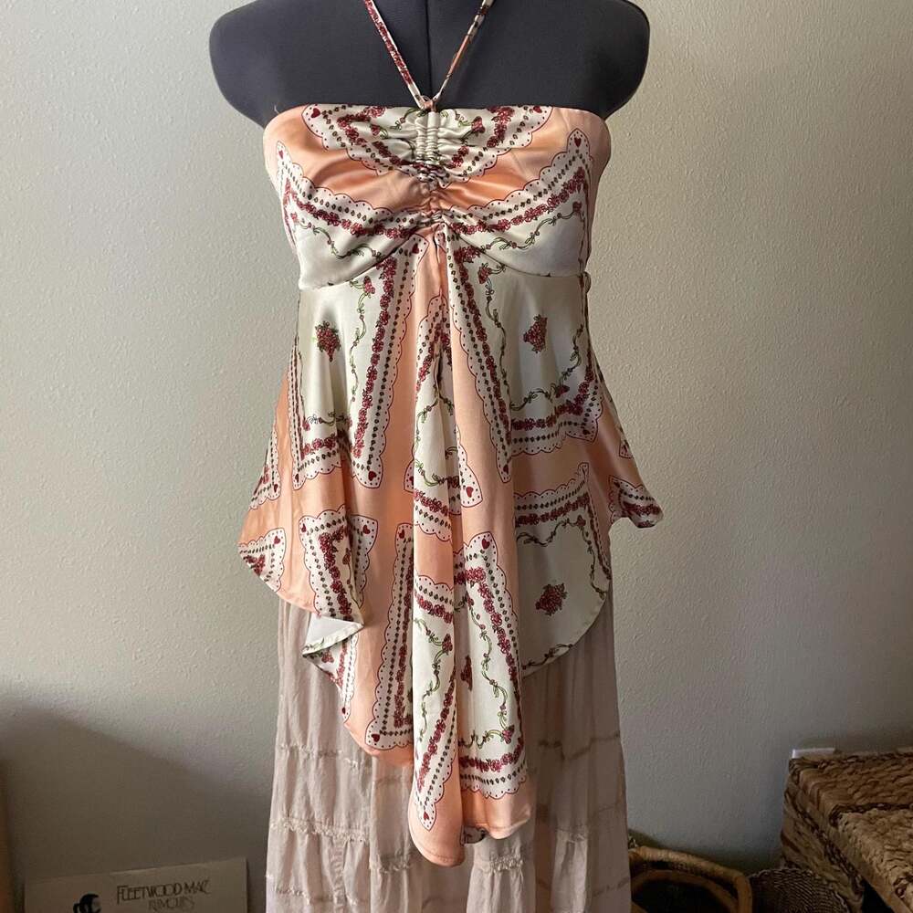pink satin floral halter top handkerchief asymmetrical boho night out fairy